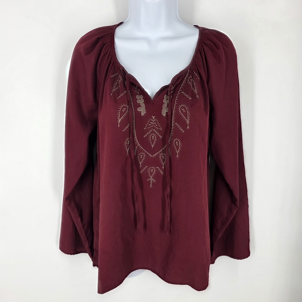 Sara Studio Women’s Maroon Embroidered Boho Peasant Blouse Top Large